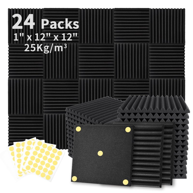 Focusound 24 Pack Acoustic Foam Panels 1" x 12" x 12" Sound Proof Foam Panles Soundproofing Noise Cancelling Wedge Panels for Home Office Recoding Studio with 240PCS Double-Side Adhesive - Image 1